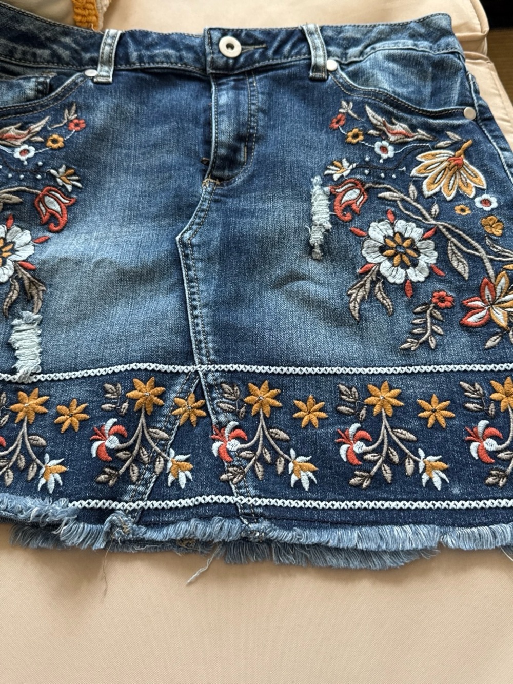 Altar'd State Blue Denim Mini Skirt with Multicolor Floral Embroidery